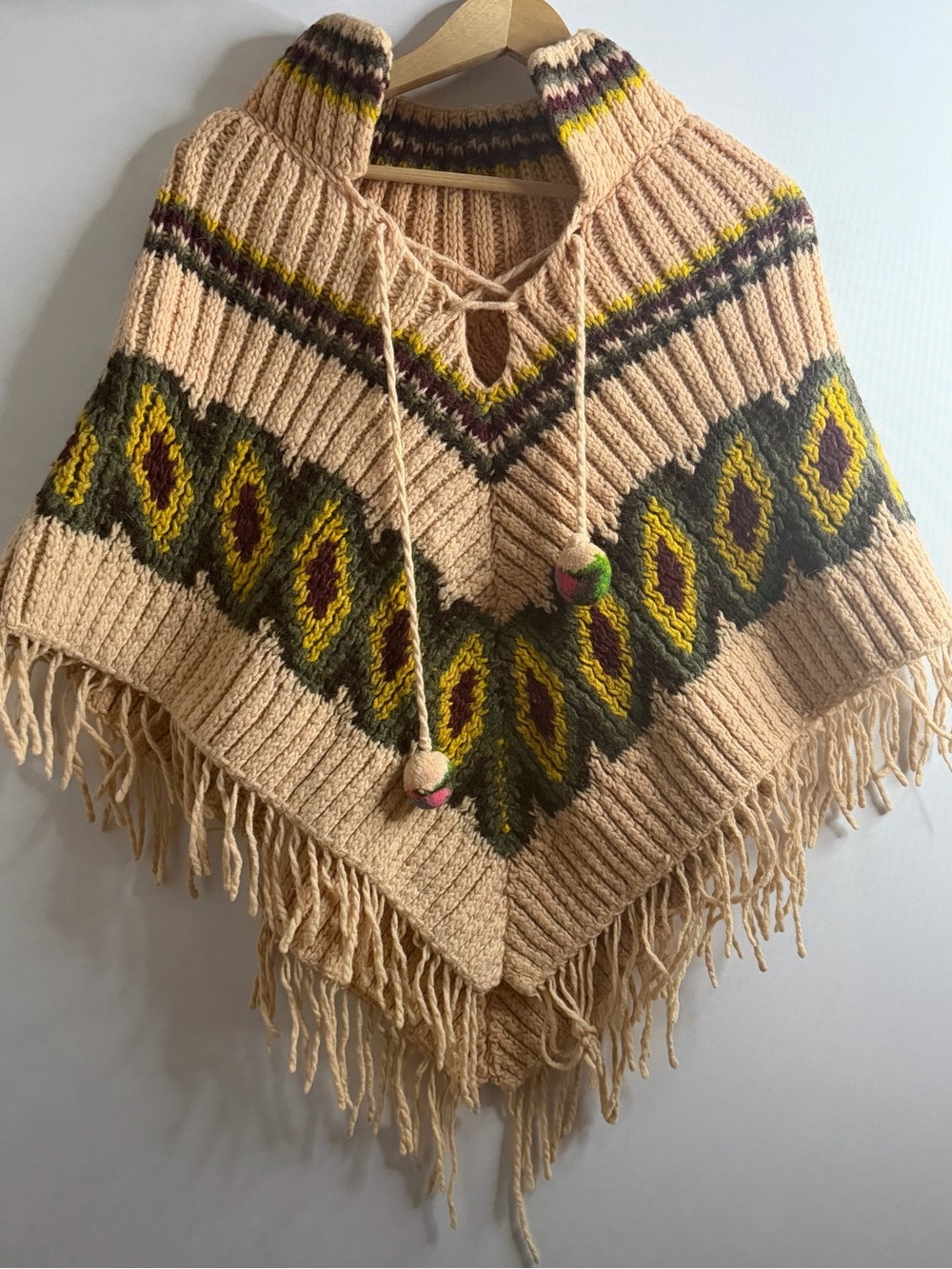 Vtg 70s Western Knit Fringe Poncho Southwestern Boho Earth Tone Hoodless OSFM